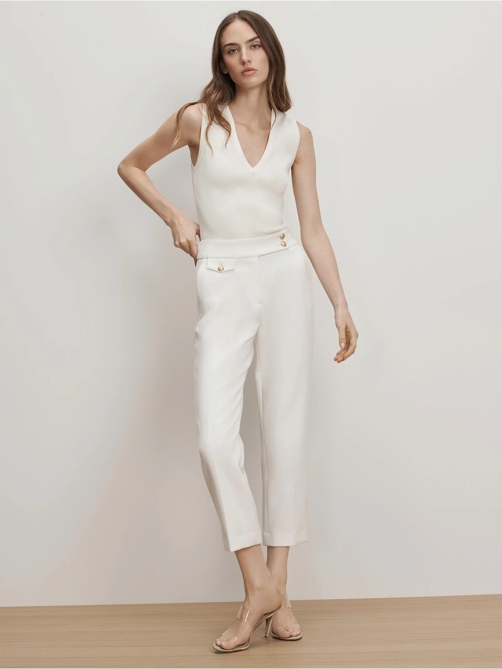 Veronica Beard Renzo Crest Button Pants Off White Gold Cropped Slim Leg Size 4